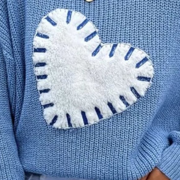 Blue Heart Print Long sleeve Knit Sweater Top - Picture 5 of 6